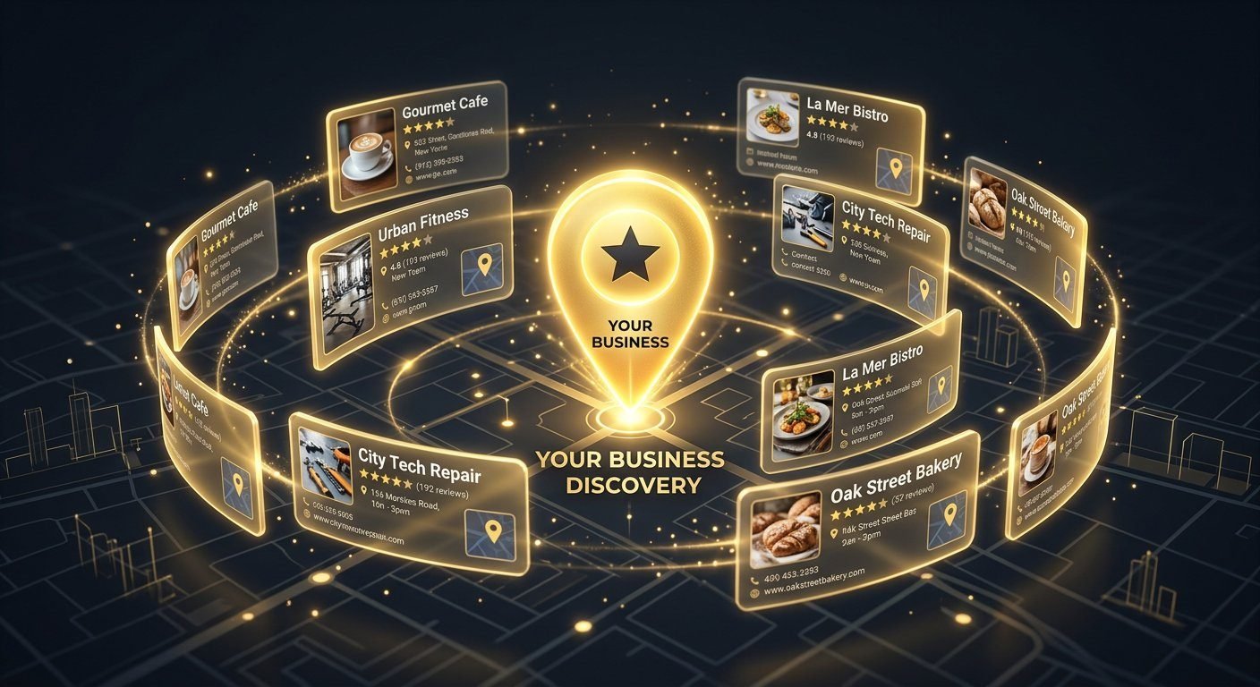 Google Business Profile setup with golden map pin and business discovery cards on dark background