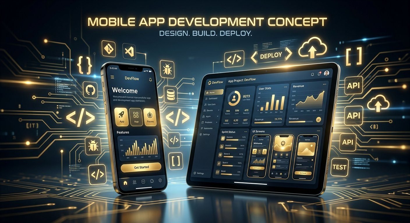 Mobile app development concept with smartphone and tablet showing app interfaces surrounded by code symbols