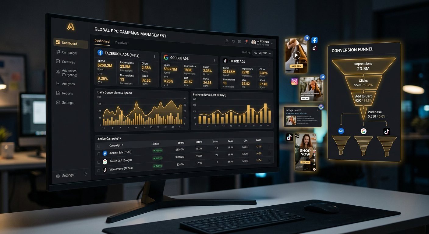 Paid advertising management dashboard showing Facebook, Google and TikTok ads with performance metrics